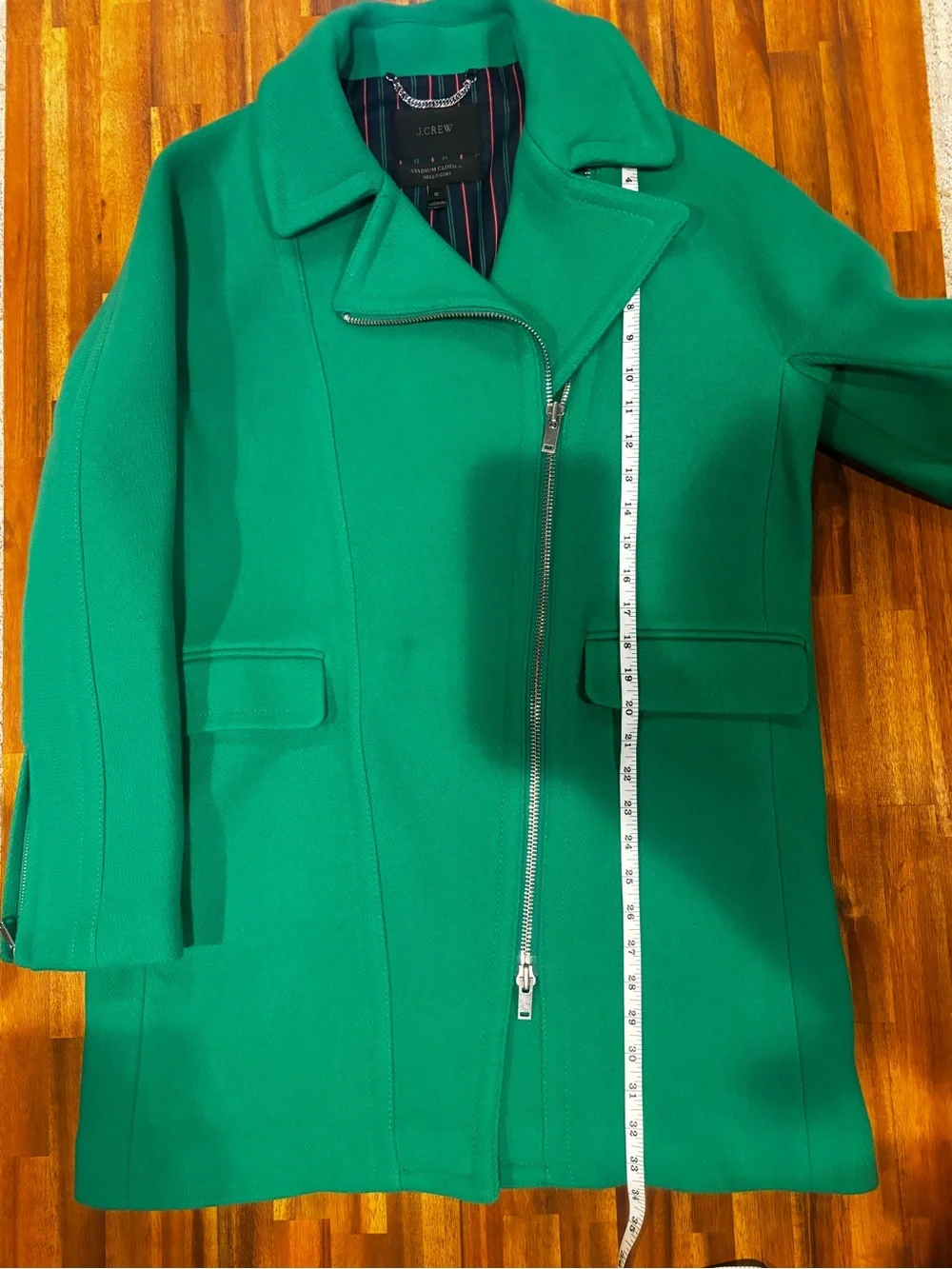 J.Crew Emerald Green Wool Pea Coat Stadium Cloth by Nello Gori 2 Way Zip Size 12